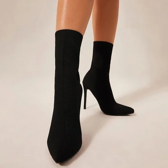 Zara Trafaluc Black Stretchy Sock Mesh Pointed Toe Ankle Boot Stiletto Heels - Picture 3 of 16